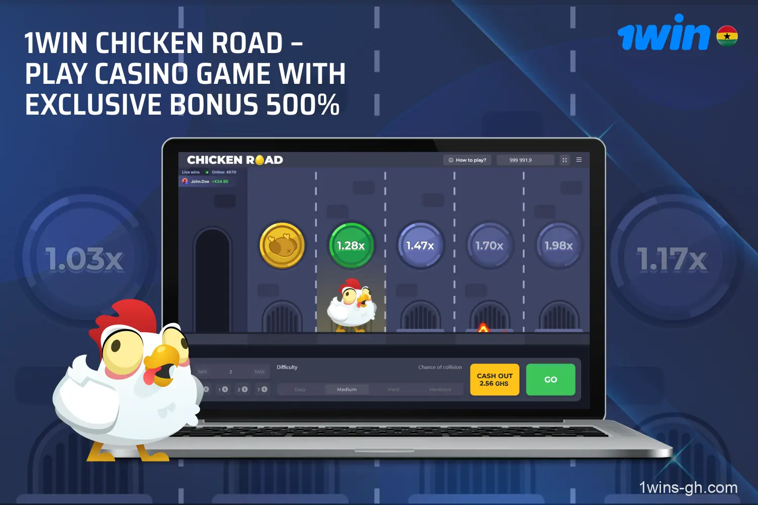 1win Chicken Road in Ghana is an exciting online game with fast rounds, fair results and a welcome bonus of up to 500%