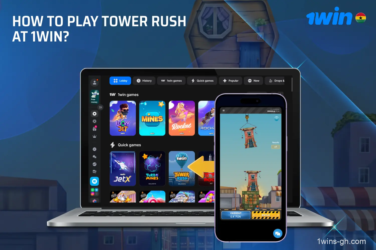To play Tower Rush on 1win, players from Ghana need to register, top up their account, open the game and place a bet
