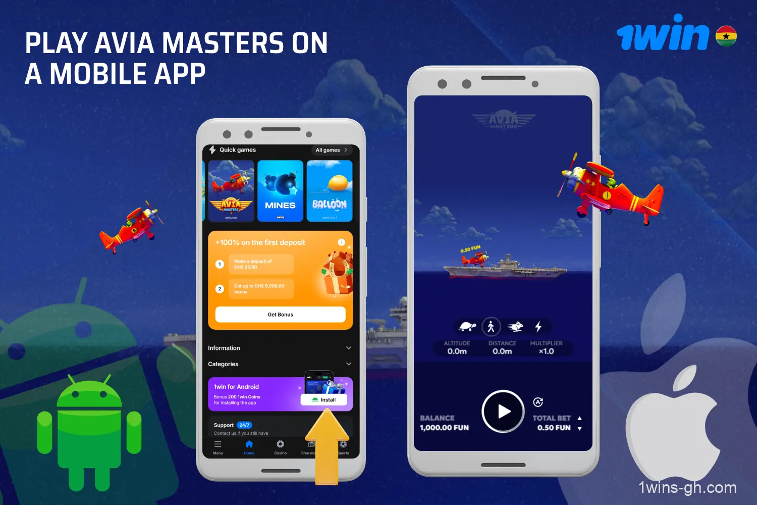 The 1win mobile app allows players from Ghana to install Avia Masters on Android or iOS and play anywhere