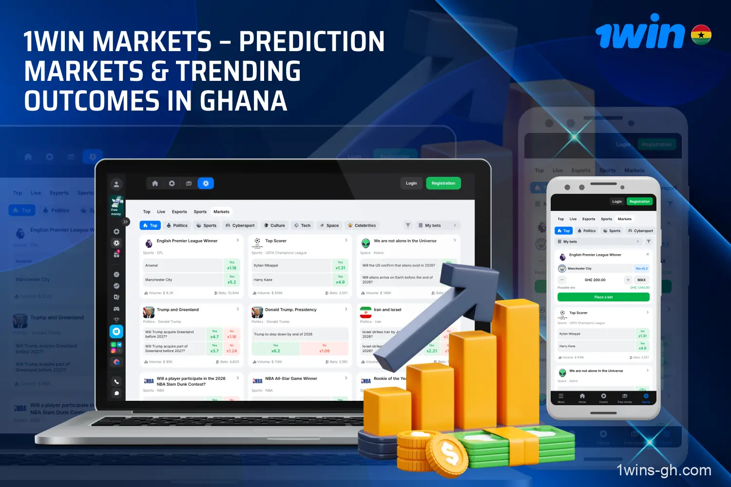 1win Markets in Ghana allows users to make predictions on sports, politics, entertainment and other events with dynamic odds