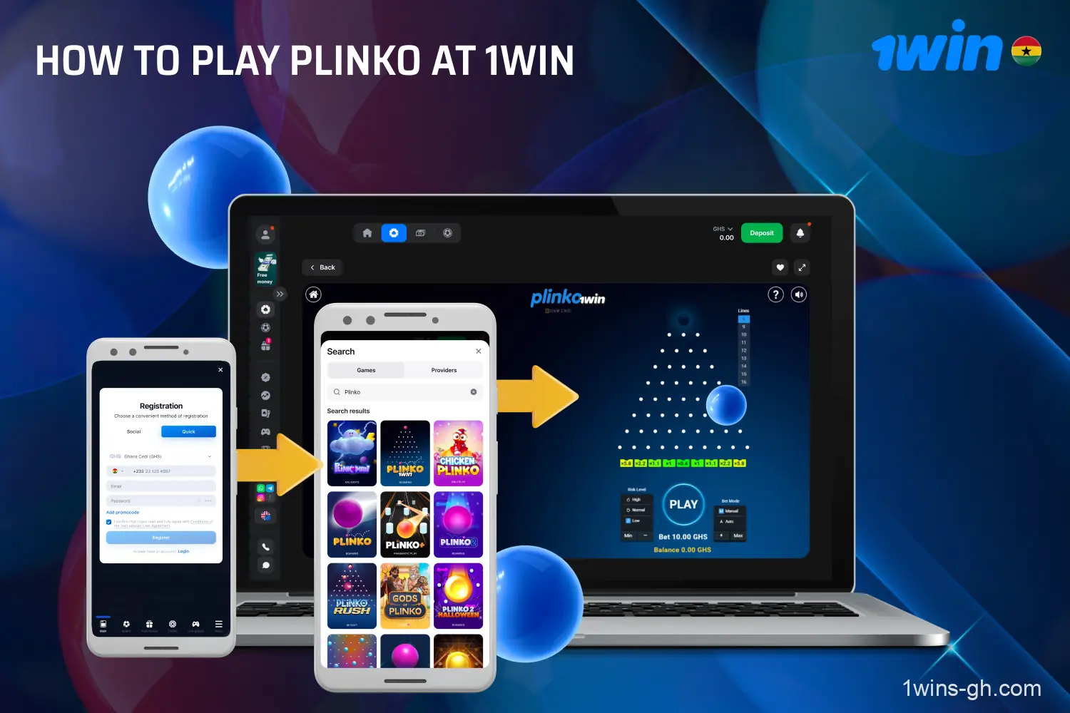 To play Plinko at 1win Ghana, players need to register and top up their account, set their bet and risk level in the game, and launch the ball